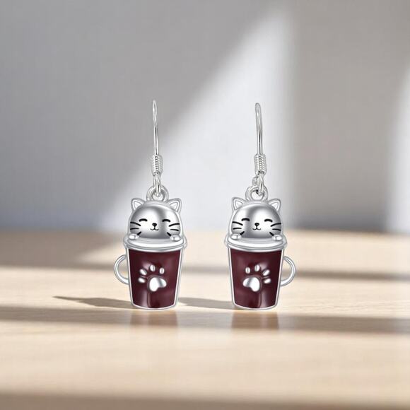 Cat Coffee Cup Earrings – Kawaii Teacup Paw Print Dangle Jewelry, New - Picture 8 of 12